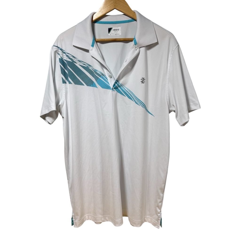 IZOD Golf Mens Large White Teal Graphic Performance Short Sleeve Polo Shirt #595